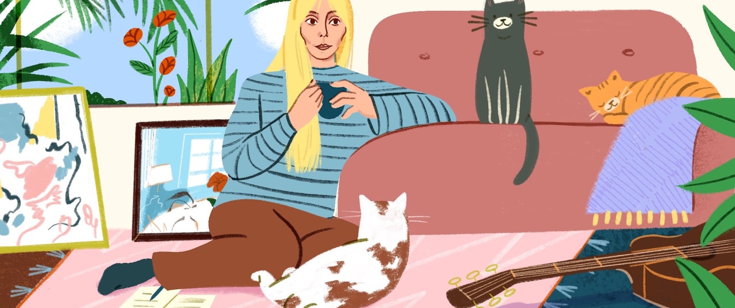 An illustration depicting Joni Mitchell and her cats