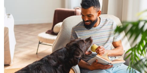 A happy man passing his dog a tennis ball.