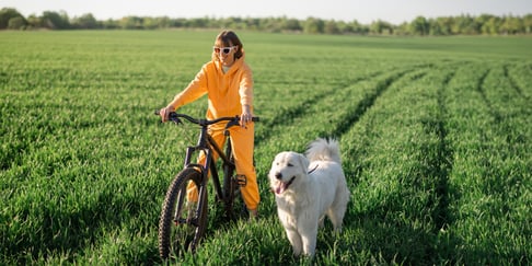 a lady in sunglasses and an orange tracksuit sitting on a bike in a grassy field with a retriever next to her