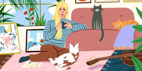 An illustration depicting Joni Mitchell and her cats