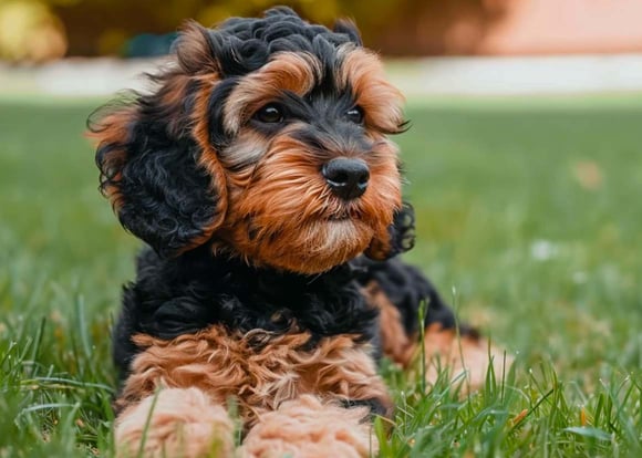 A phantom cockapoo puppy laying on the grass