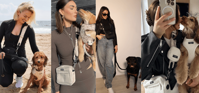 A 4-way collage of Cocopup customers with their dogs.