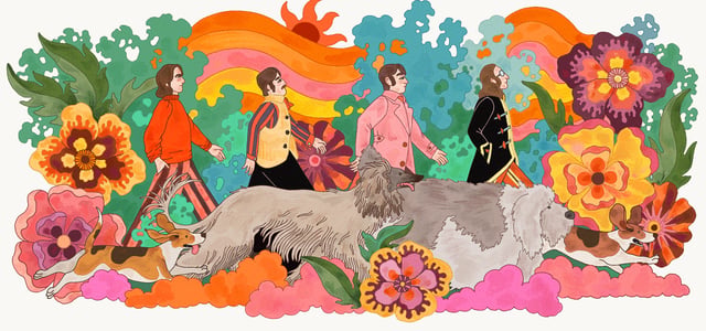 A psychedelic illustration of the Beatles crossing Abbey Road.