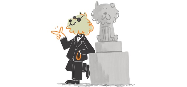 illustration of hachi in a suit leaning against his own statue