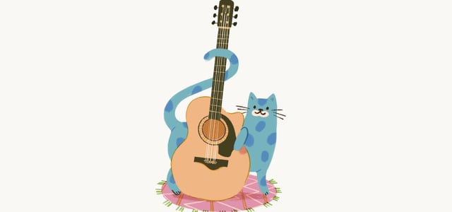 A blue spotted cat wrapping around a guitar.