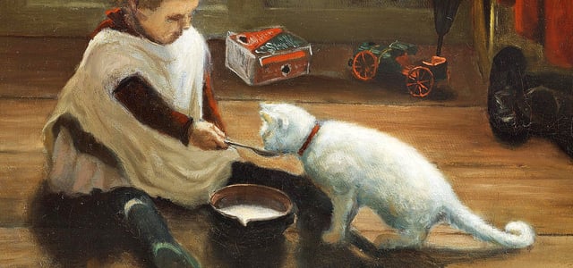 'A Small Girl Giving Milk to a Cat' by Adolph Larsen