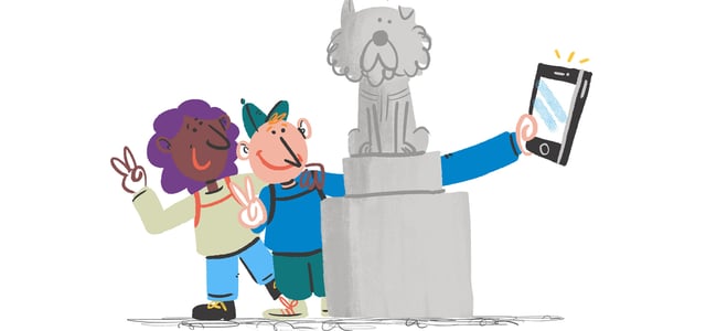 illustration of tourists taking a selfie at hachiko's statue