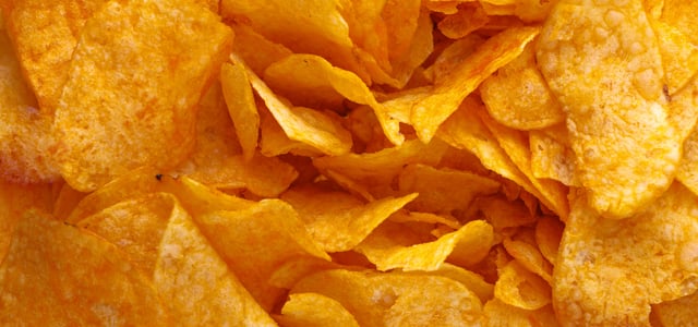 A close up of potato crisps.