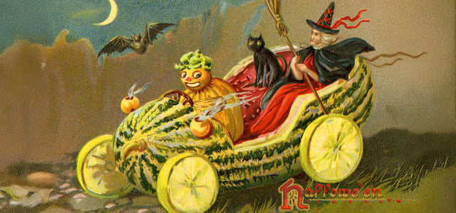 drawing of black cat and witch in car made of pumpkin