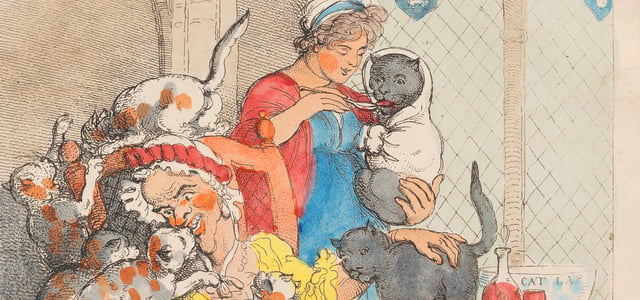An old painting of a spinster and her cats.