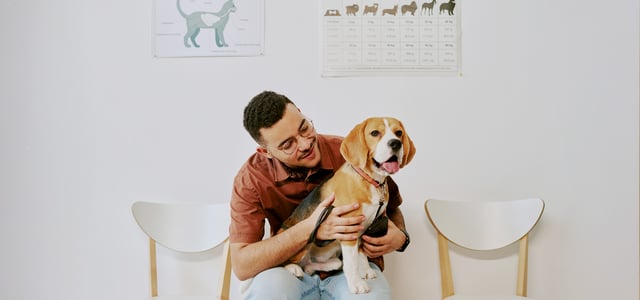 A man and his beagle sat in a vet surgery.