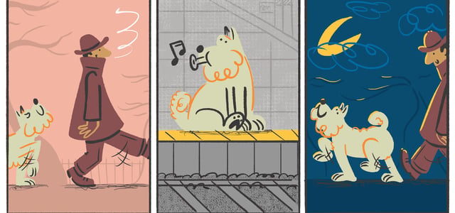 3 part illustration of hachi and ueno walking to and from train station