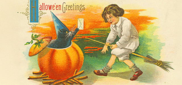 drawing of a black cat coming out of a pumpkin