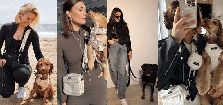 A 4-way collage of Cocopup customers with their dogs.