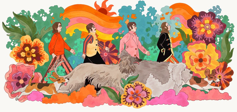 A psychedelic illustration of the Beatles crossing Abbey Road.