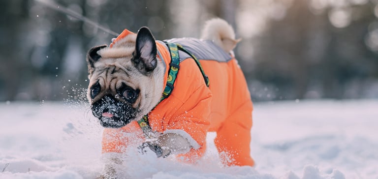 A pug wearing an orange snow jacket outdoors.