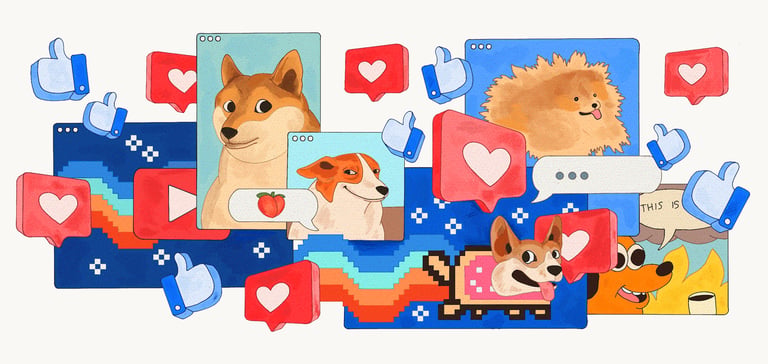 An illustration depicting dog memes of the late 2010s.