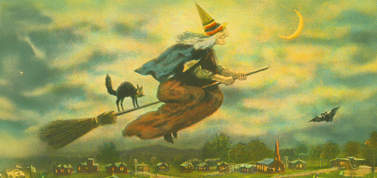 drawing of witch and black cat on a broom