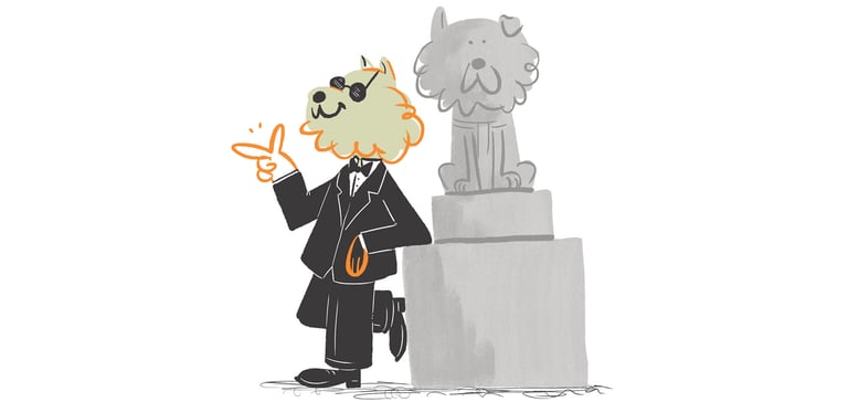 illustration of hachi in a suit leaning against his own statue
