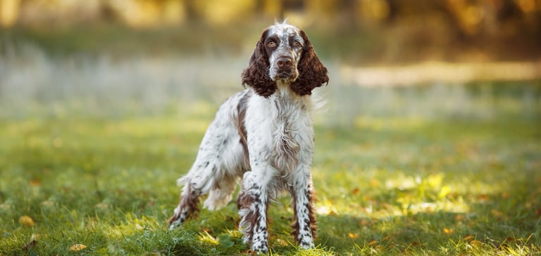 A liver and white springer spaniel standing on grass.