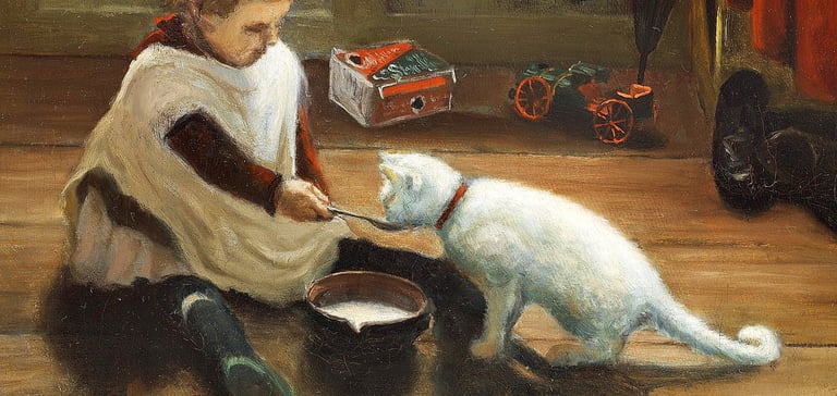 'A Small Girl Giving Milk to a Cat' by Adolph Larsen