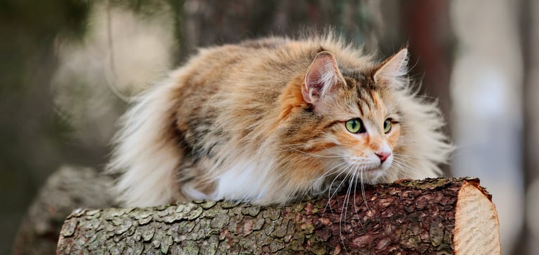 A forest cat laying down on a fallen log.