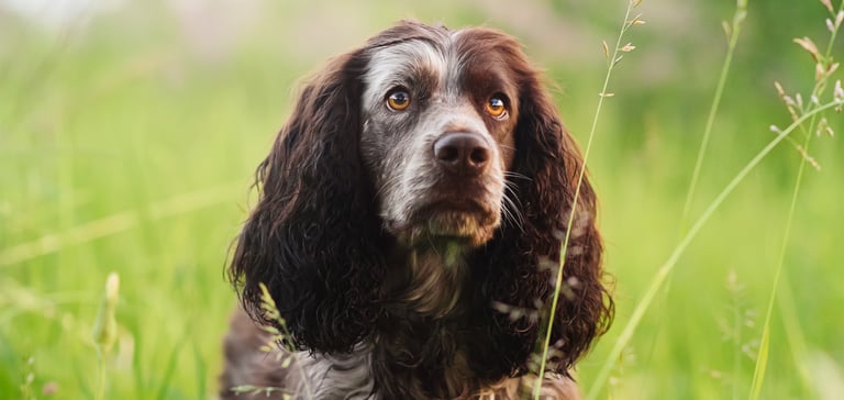 A brown and white springer spaniel sitting in grass.