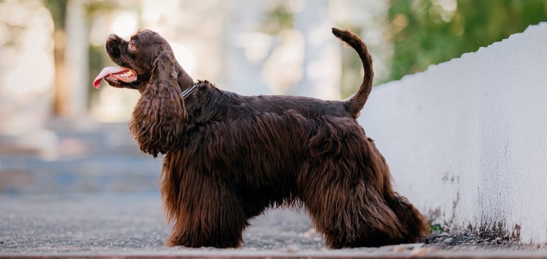 Cocker Spaniel with show cut standing on street with tongue out