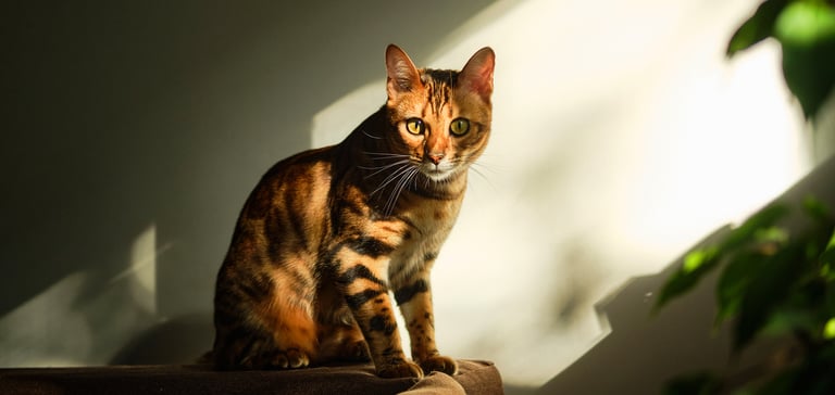 A bengal cat sat in a sunny patch.
