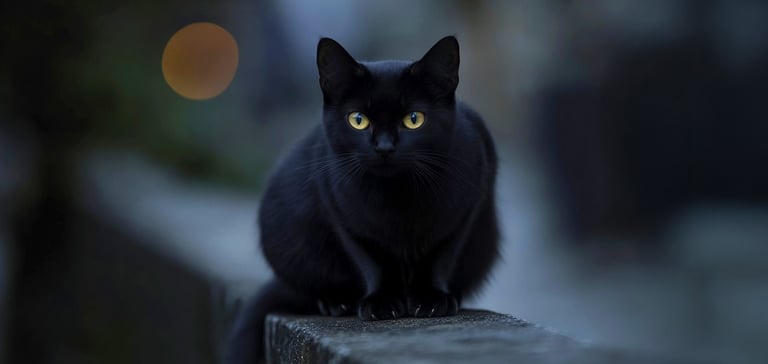 Black cat with yellow eyes sitting on a wall