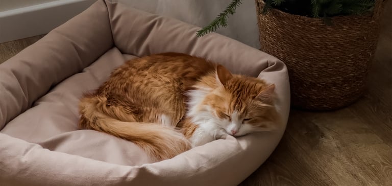 A ginger and white cat laying in a beige coloured bed.