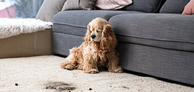 A blonde cloured Spaniel sitting next to a dirty carpet.