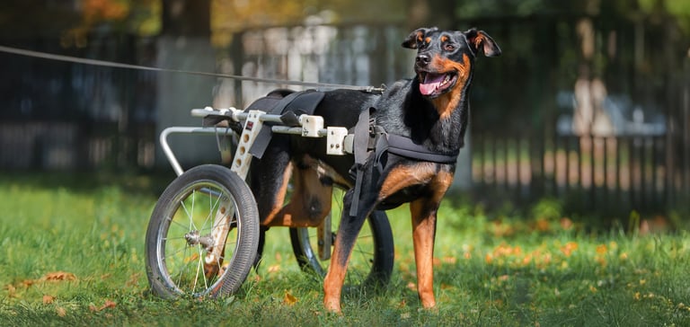 Black dog with wheels to support back legs on a lead