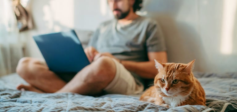 A man sat on a bed crossed legged with his ginger cat.