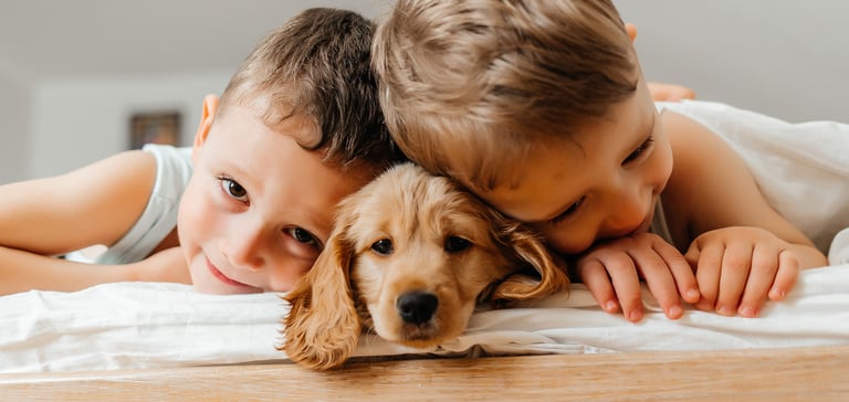 Two children cuddling a Cocker Spaniel puppy in the middle