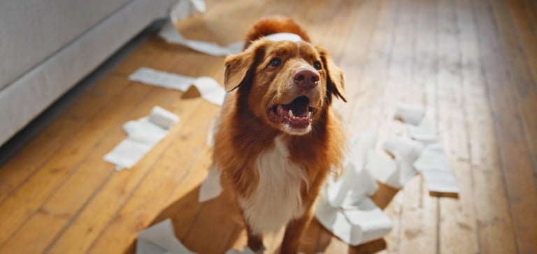 Nova Scotia duck tolling retriever dog standing on wooden floor surrounded by toilet paper