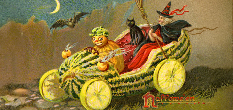 drawing of black cat and witch in car made of pumpkin