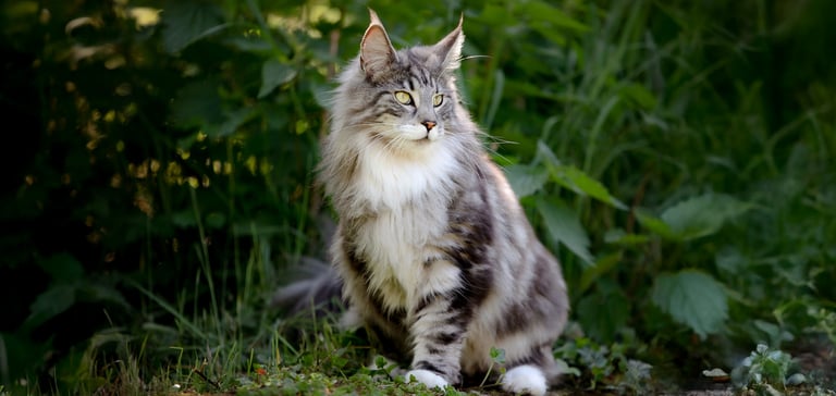 A forest cat sitting outdoors.
