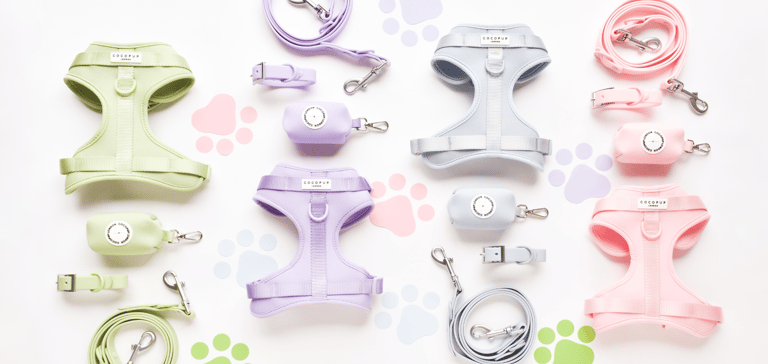 A display of pastel Cocopup harnesses and leads