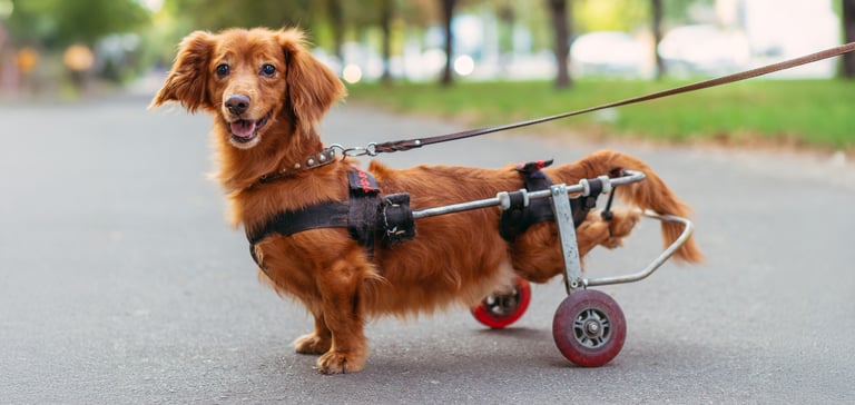 Small dog with wheels to support back legs