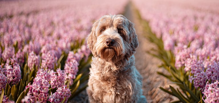Labradoodle in field of flowers