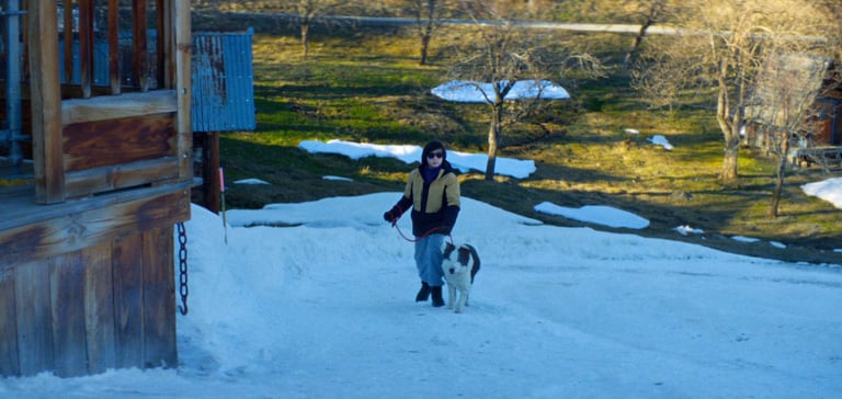 Daniel and Snoop walking in the snow.