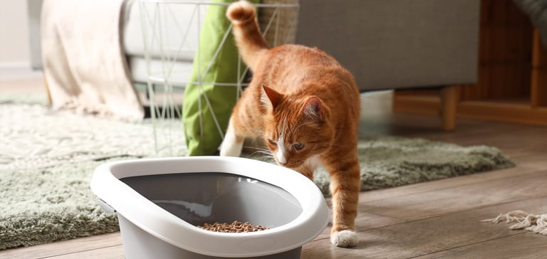 ginger cat sniffing litter box