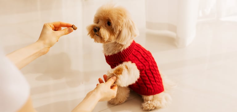 A Cavapoo in a red jumper giving their paw for a treat.