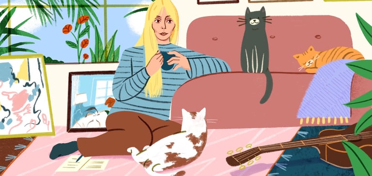 An illustration depicting Joni Mitchell and her cats