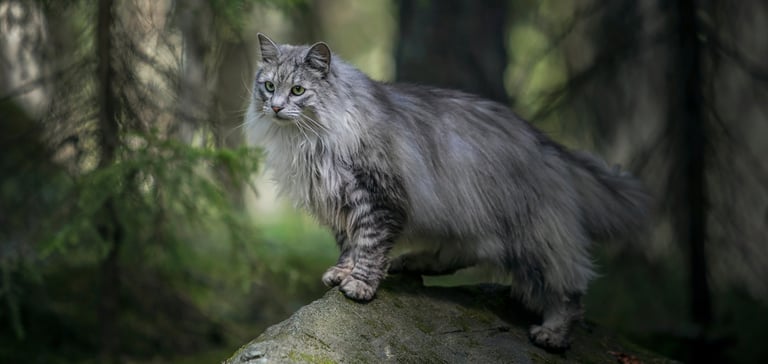 Norwegian forest cat standing on a rock in a forest