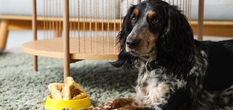 Cocker Spaniel lying on a rug in front of a yellow bowl of food