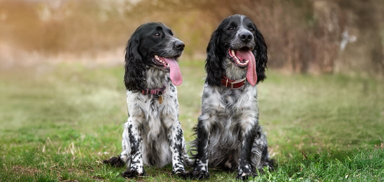 Two black and white Springer Spaniels sitting on green grass.