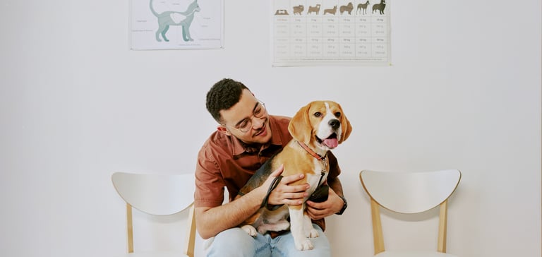 A man and his beagle sat in a vet surgery.
