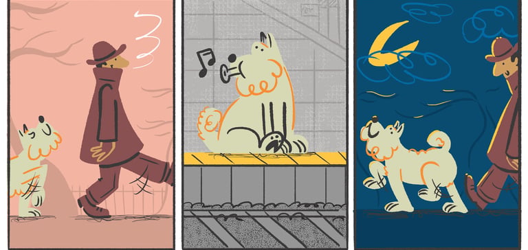3 part illustration of hachi and ueno walking to and from train station